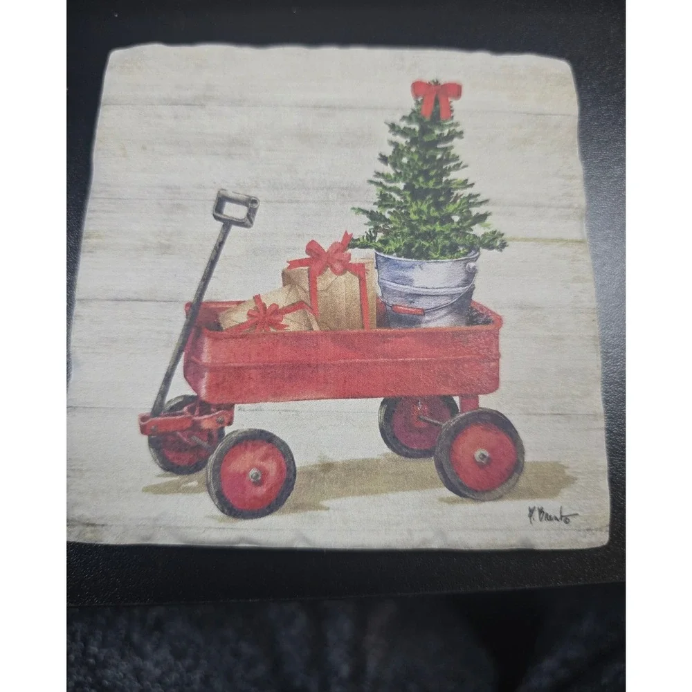 Christmas Tree Shops Stone Coaster Set of 5 Holiday Gingerbread Wagon Sleigh 4in